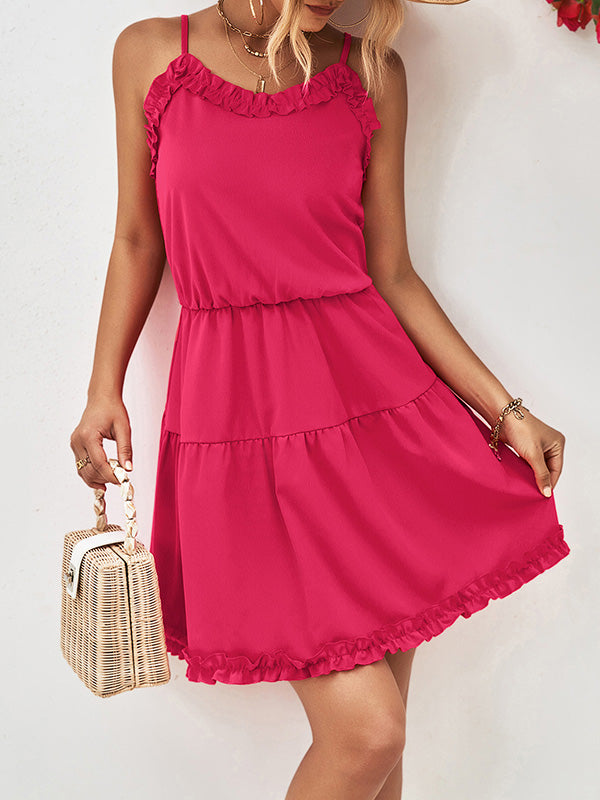 Momentlover Solid Color Falbala Sleeveless Loose Spaghetti-Neck Mini Dresses