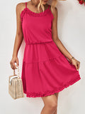 Momentlover Solid Color Falbala Sleeveless Loose Spaghetti-Neck Mini Dresses