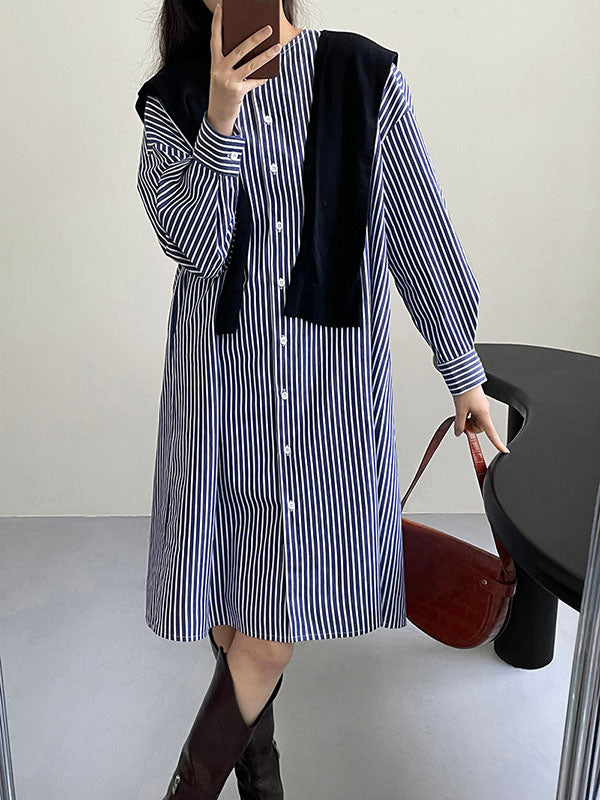 Momentlover Striped Raglan Sleeve Loose Round-Neck Shirt Dress Midi Dresses
