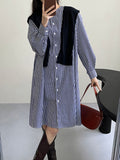 Momentlover Striped Raglan Sleeve Loose Round-Neck Shirt Dress Midi Dresses