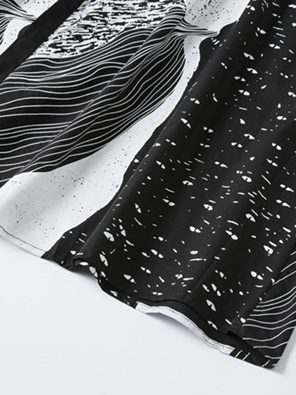 Momentlover Tied Waist Printed Drawstring Contrast Color Short Sleeves Loose Lapel Shirt Dress Midi Dresses