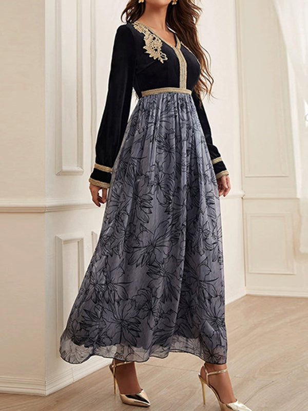 Momentlover Split-Joint Flower Print Embroidered Long Sleeves High Waisted V-Neck Maxi Dresses