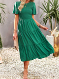 Momentlover Solid Color Elastics Short Sleeves Loose Round-neck Midi Dresses