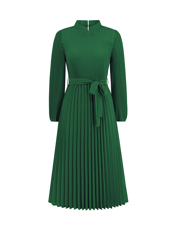 Momentlover Tied Waist Solid Color Pleated Hollow Long Sleeves High Waisted Mock Neck Midi Dresses