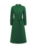 Momentlover Tied Waist Solid Color Pleated Hollow Long Sleeves High Waisted Mock Neck Midi Dresses