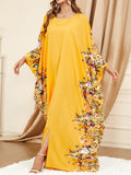 Momentlover Split-Front Printed Muslim Loose Batwing Sleeves Round-Neck Maxi Dresses