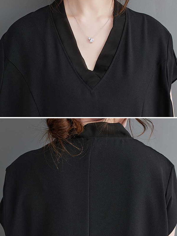 Momentlover Split-Joint Split-Front Solid Color Short Sleeves Loose V-Neck Midi Dresses