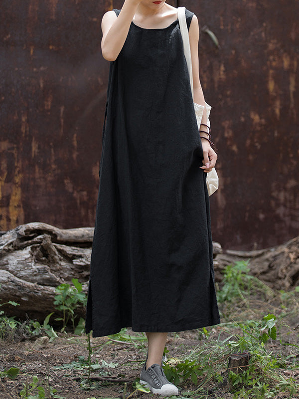 Momentlover Tied Waist Split-Joint Solid Color Drawstring Sleeveless Loose Round-Neck Midi Dresses