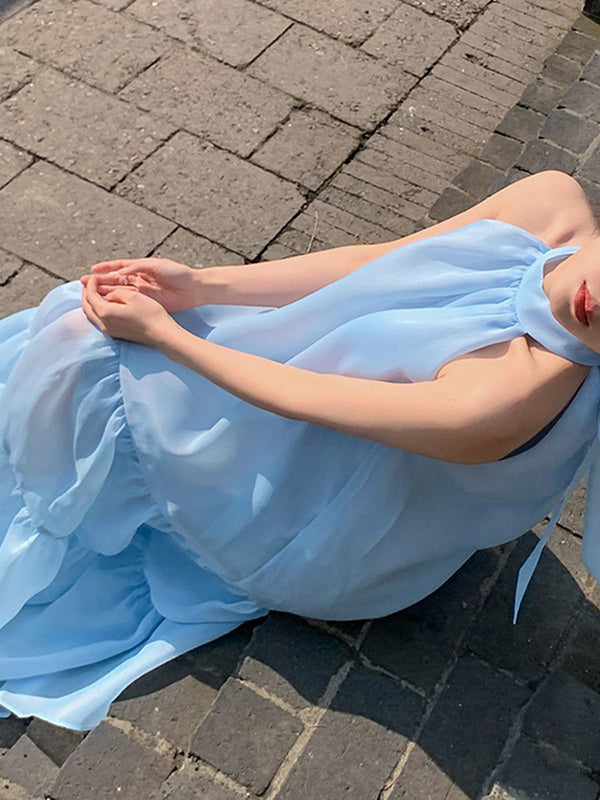 Momentlover Solid Color Sleeveless Loose Halter-Neck Midi Dresses