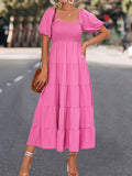 Momentlover Split-Joint Solid Color Pleated Elasticity Short Sleeves High Waisted Square-neck Midi Dresses