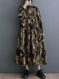 Momentlover Split-Joint Printed Pleated Loose Long Sleeves Round-Neck Midi Dresses