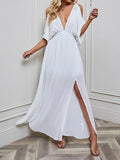 Momentlover Split-front Solid Color Loose Batwing Sleeves Deep V-Neck Maxi Dresses