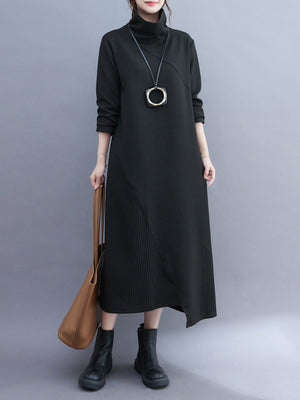 Momentlover Vintage Irregularity Long Sleeves Solid Color High-Neck Midi Dresses