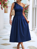 Momentlover Solid Color Sleeveless One-shoulder Midi Dresses