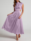 Momentlover Solid Color Pleated Belly-Hollow Cap Sleeve Stand Collar Maxi Dresses
