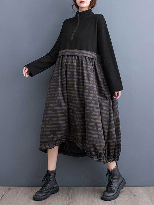 Momentlover Zipper Split-Joint Printed Drawstring Loose Long Sleeves Midi Dresses
