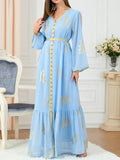 Momentlover Tied Waist Split-Joint Split-Front Printed Pleated Loose Long Sleeves V-Neck Maxi Dresses