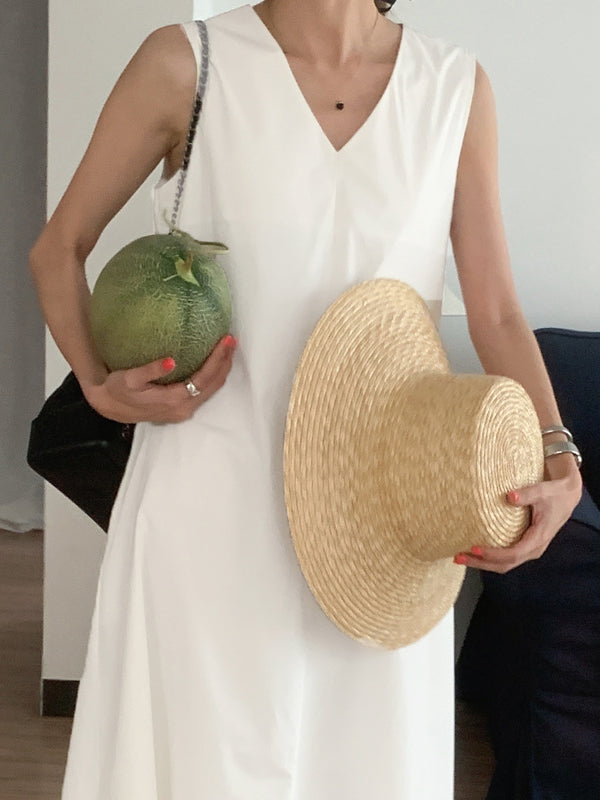 Momentlover Solid Color Sleeveless Loose Round-neck Midi Dresses