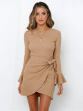 Momentlover Simple Long Sleeves Skinny Tied Falbala Solid Color Round-Neck Mini Dresses
