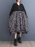 Momentlover Zipper Split-Joint Printed Drawstring Loose Long Sleeves Midi Dresses
