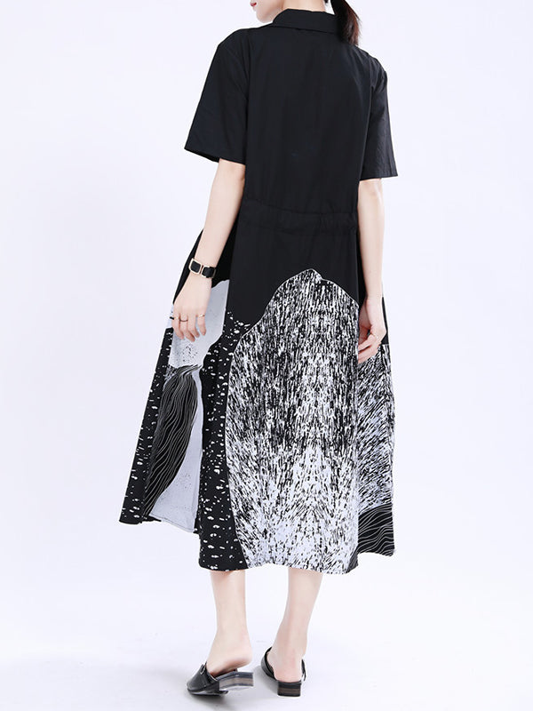 Momentlover Tied Waist Printed Drawstring Contrast Color Short Sleeves Loose Lapel Shirt Dress Midi Dresses
