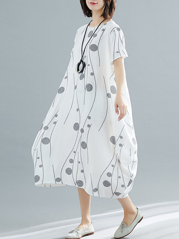 Momentlover Printed Short Sleeves Loose Round-neck Midi Dresses