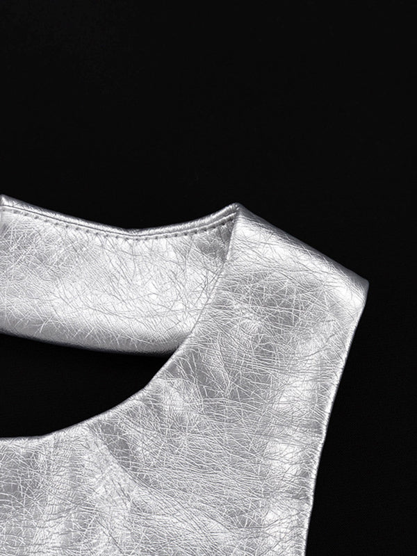 Momentlover Zipper Split-Joint Solid Color Backless Sleeveless Skinny Round-Neck Mini Dresses