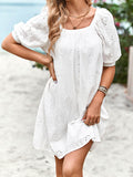 Momentlover Solid Color Jacquard Puff Sleeves Loose Square-neck Mini Dresses