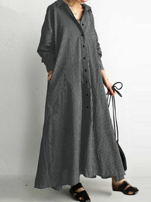 Momentlover Striped Buttoned Plus Size Loose Lapel Shirt Dress Maxi Dresses