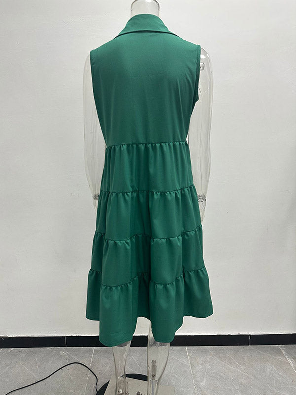 Momentlover Solid Color Pockets Pleated Buttoned Sleeveless Loose Lapel Mini Dresses