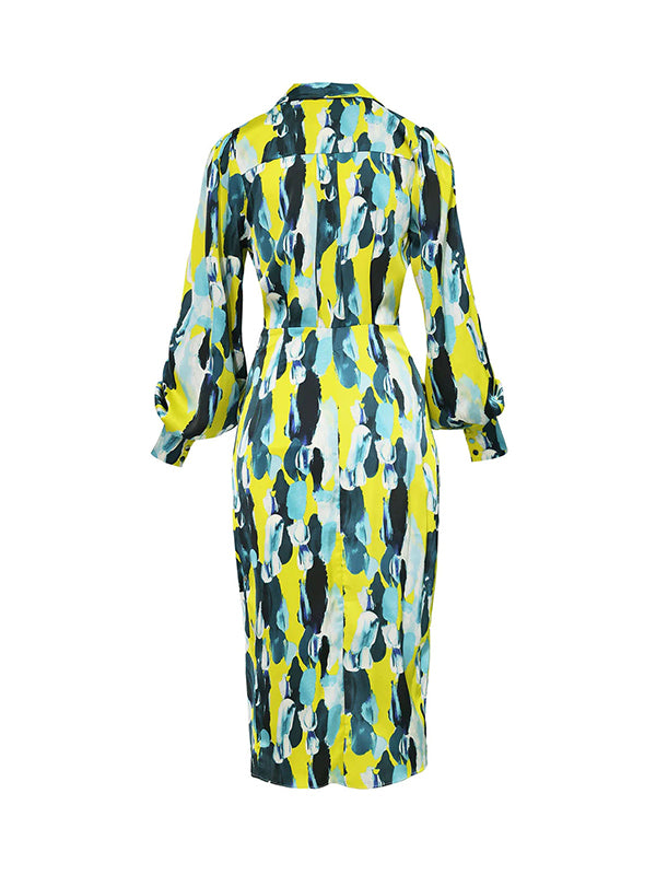 Momentlover Split-Joint Printed Pleated Asymmetric Long Sleeves High Waisted Lapel Midi Dresses