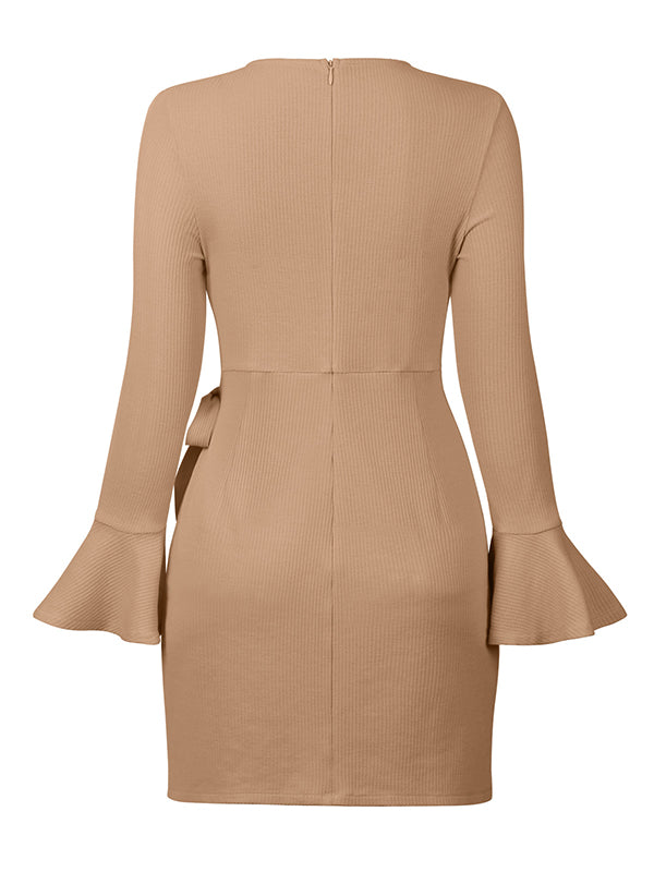 Momentlover Simple Long Sleeves Skinny Tied Falbala Solid Color Round-Neck Mini Dresses