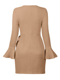Momentlover Simple Long Sleeves Skinny Tied Falbala Solid Color Round-Neck Mini Dresses