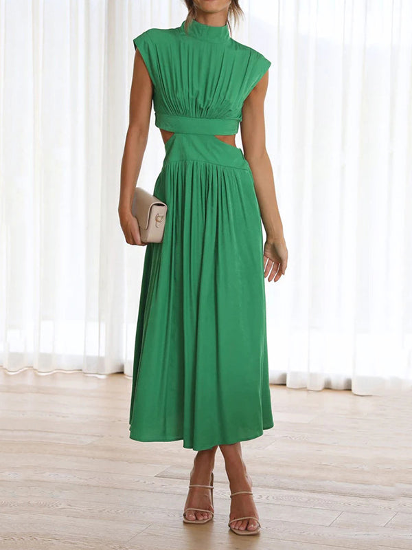 Momentlover Solid Color Pleated Belly-Hollow Cap Sleeve Stand Collar Maxi Dresses