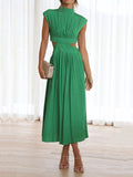 Momentlover Solid Color Pleated Belly-Hollow Cap Sleeve Stand Collar Maxi Dresses