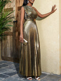 Momentlover Solid Color Shiny Pleated Asymmetric Sleeveless Plus Size One-shoulder Maxi Dresses