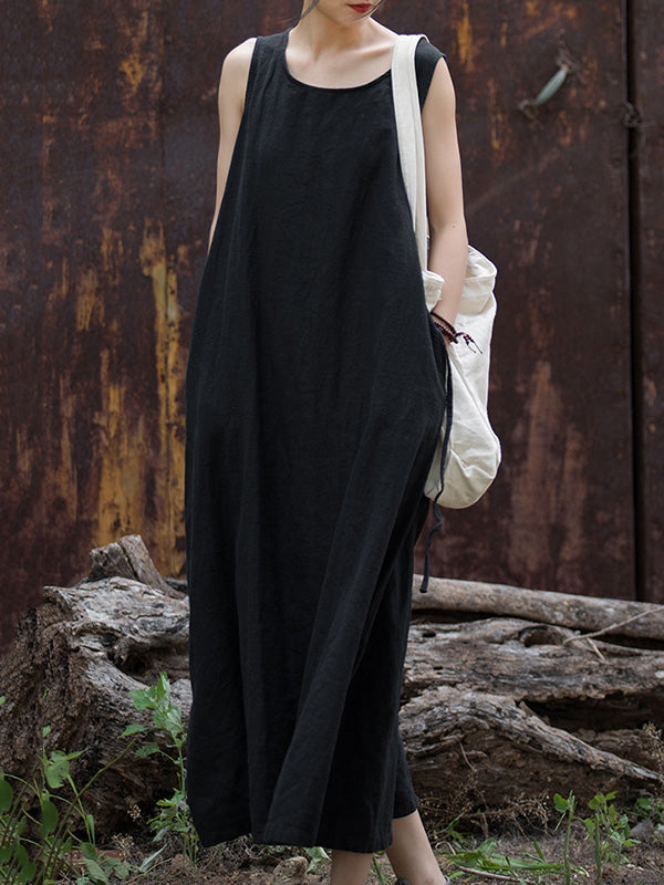 Momentlover Tied Waist Split-Joint Solid Color Drawstring Sleeveless Loose Round-Neck Midi Dresses