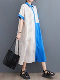 Momentlover Striped Split-Joint Asymmetric Short Sleeves Loose Lapel Shirt Dress Midi Dresses