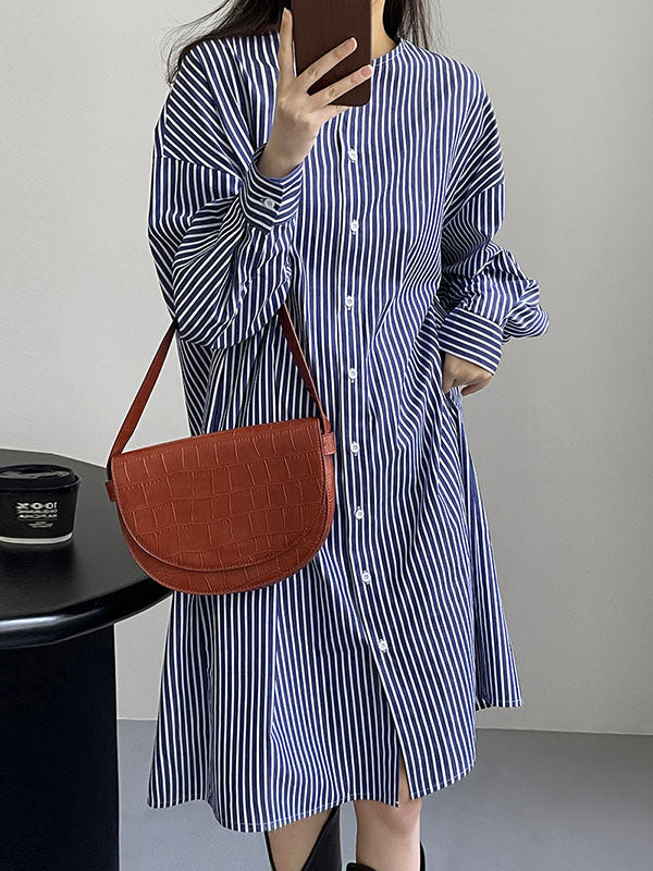 Momentlover Striped Raglan Sleeve Loose Round-Neck Shirt Dress Midi Dresses