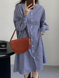 Momentlover Striped Raglan Sleeve Loose Round-Neck Shirt Dress Midi Dresses