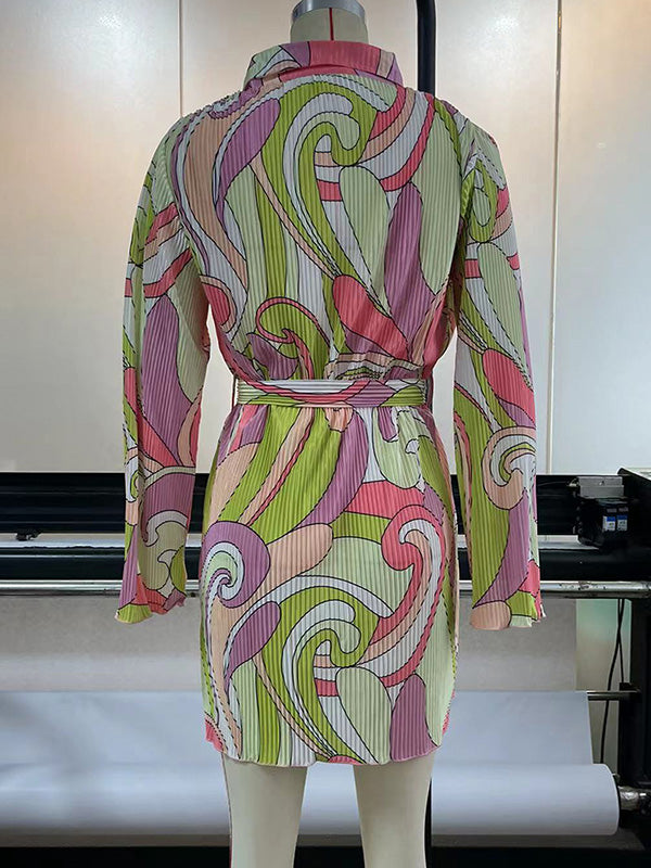 Momentlover Tied Waist Printed Pleated Buttoned Loose Long Sleeves Lapel Mini Dresses