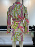 Momentlover Tied Waist Printed Pleated Buttoned Loose Long Sleeves Lapel Mini Dresses