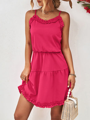 Momentlover Solid Color Falbala Sleeveless Loose Spaghetti-Neck Mini Dresses