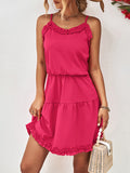Momentlover Solid Color Falbala Sleeveless Loose Spaghetti-Neck Mini Dresses