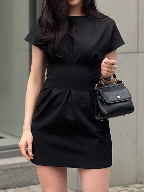 Momentlover Solid Color Pleated Short Sleeves Raglan Sleeve Round-Neck Mini Dresses