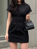 Momentlover Solid Color Pleated Short Sleeves Raglan Sleeve Round-Neck Mini Dresses