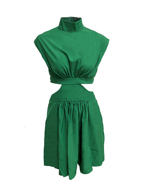 Momentlover Solid Color Pleated Belly-Hollow Skinny Stand Collar Mini Dresses