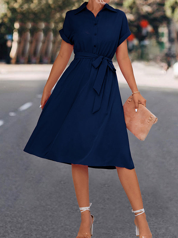 Momentlover Tied Waist Solid Color Buttoned Short Sleeves High Waisted Lapel Collar Shirt Dress Midi Dresses