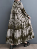Momentlover Tie-dyed Split-Joint Pleated Loose Long Sleeves Stand Collar Midi Dresses