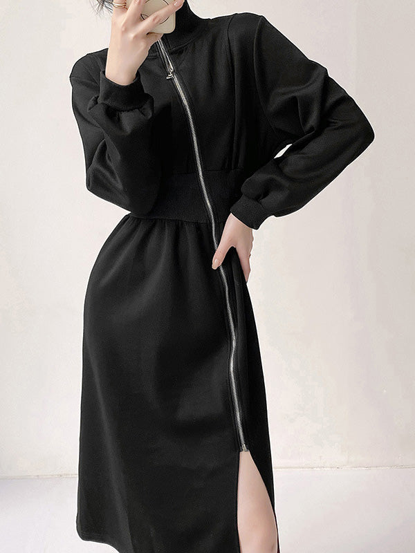 Momentlover Zipper Split-Front Asymmetric Long Sleeves High Neck Midi Dresses